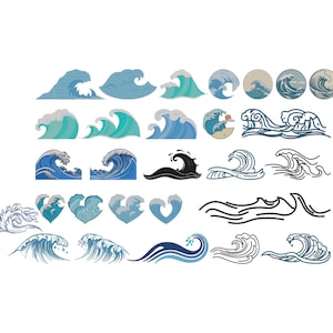 Peut inclure: Plusieurs motifs de vagues dans des tons de bleu, de turquoise et de noir. Les motifs comprennent des vagues stylisées, certaines avec de l'écume blanche, et d'autres en formes circulaires et de cœur. L'image est sur fond blanc.