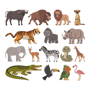 Puede incluir: Colección de parches bordados de animales, incluyendo un búfalo, león, tigre y cebra. Los parches presentan varios colores y costuras detalladas, mostrando un tema de safari. Otros animales incluyen suricato, gorila, rinoceronte, elefante, ciervo, serpiente, jirafa, tucán, loro y flamenco.