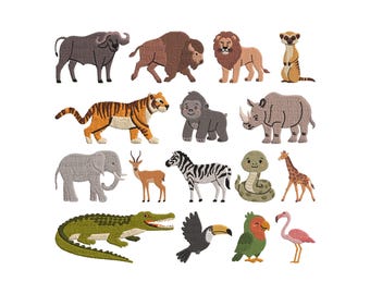 Desenhos de bordado de animais fofos de safári - Desenhos de bordado de animais de zoológico - Bordados de animais da floresta - Arquivos de desenho para bordado à máquina - 5 tamanhos