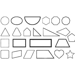 Könnte beinhalten: Schwarz-weiße Strichzeichnungen verschiedener geometrischer Formen, darunter Kreise, Ovale, Dreiecke, Quadrate, Rechtecke und Polygone. Die Formen sind mit einem dicken schwarzen Strich umrandet.