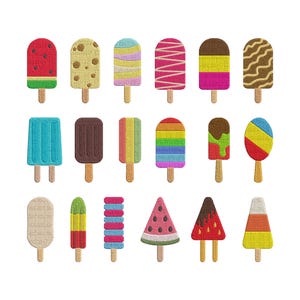 Könnte beinhalten: Eine Sammlung gestickter Eis am Stiel in verschiedenen Farben und Designs. Die Eis am Stiel umfassen Wassermelonen-, Schokoladen- und Regenbogenmuster. Jedes Eis am Stiel hat einen Holzstiel.