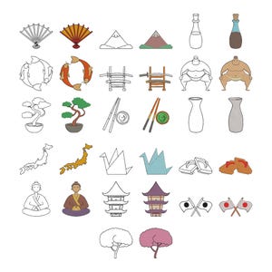 May include: A collection of Japanese-themed icons in both line art and color versions, including a folding fan, Mount Fuji, a bottle, koi fish, a sword rack, a sumo wrestler, a bonsai tree, chopsticks, a vase, a map, an origami crane, sandals, a person, a pagoda, flags, and a tree.