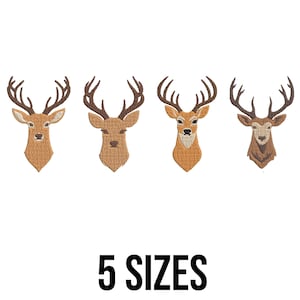 May include: Four embroidered deer head designs in shades of brown and tan, each with unique antler styles. The text "5 SIZES" is displayed in black, indicating available size options for the embroidery patterns. The designs are set against a clean white background.