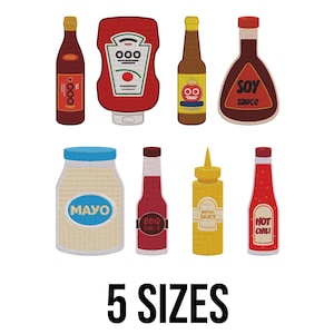 Może przedstawiać: Haftowane obrazy różnych przypraw, takich jak keczup, sos sojowy, majonez, sos BBQ, musztarda i ostry sos chili. Tekst "5 SIZES" jest wyświetlany poniżej.