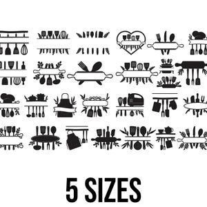 Puede incluir: Elementos gráficos en blanco y negro con temática de cocina, que incluyen utensilios, rodillos y gorros de chef, dispuestos en varios diseños decorativos. El texto "5 SIZES" se muestra en negrita y en color negro en la parte inferior de la imagen.