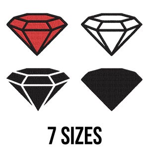 Könnte beinhalten: Vier Diamantdesigns in Rot und Schwarz mit unterschiedlichen Umrissen und Füllungen werden auf weißem Hintergrund angezeigt. Der Text "7 GRÖSSEN" ist in Schwarz unter den Diamanten gedruckt. Die Diamanten haben eine geometrische Form.