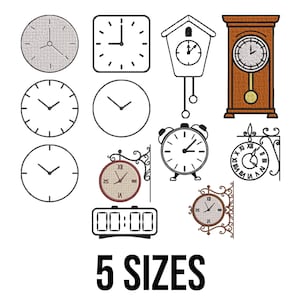 Op de afbeelding: Een assortiment klokontwerpen, waaronder ronde, vierkante en koekoeksklokken, samen met een digitale klok. De klokken variëren in stijl, van eenvoudige lijntekeningen tot een gedetailleerde houten staande klok. De tekst "5 SIZES" wordt eronder weergegeven.