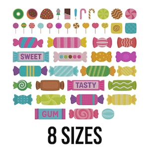 May include: A collection of colorful candy illustrations, including lollipops, hard candies, and wrapped sweets. The image features the text "SWEET", "TASTY", and "GUM", along with the words "8 SIZES" in a bold font.