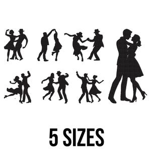 May include: Black silhouettes of couples dancing in various poses. The image features multiple dancing pairs, with the text "5 SIZES" in bold, black font at the bottom. The dancers are in classic dance attire.