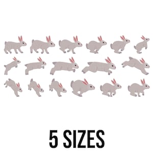 Può includere: Illustrazioni di conigli grigi con orecchie rosa in varie pose, tra cui correre e saltare. Il testo "5 SIZES" in grassetto nero è visualizzato in basso, indicando le opzioni di dimensioni disponibili.