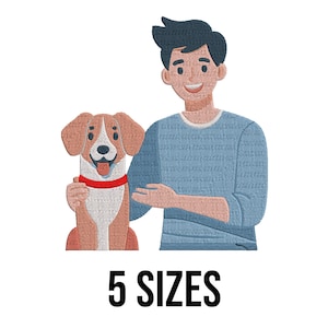 Cute Smiley Boy with His Pet Dog Embroidery Design - Cute Smiling Man with Dog Embroidery Design - Machine Embroidery Design Files - 5 Sizes