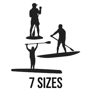 May include: Black silhouettes of people paddleboarding on white. Three figures are shown in different poses, each with a paddle and standing on a board. The text "7 SIZES" is displayed in black at the bottom of the image.