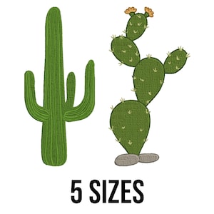 May include: Two embroidered cactus designs, one a tall, slender cactus with multiple arms, the other a prickly pear cactus with a rounded shape and multiple segments. Both are green with a textured appearance.