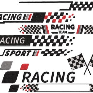 K&ouml;nnte beinhalten: Eine Sammlung von Designs zum Thema Rennsport mit dem Wort "RACING" in verschiedenen Stilen, zusammen mit Schachbrettmustern und dem Wort "SPORT". Die Designs verwenden die Farben Schwarz, Wei&szlig;, Rot und Grau.