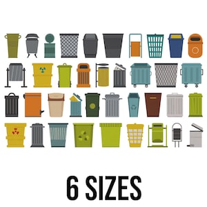May include: A selection of diverse waste bins in various forms, sizes, and hues, including green, blue, grey, and orange. The image also features the text "6 SIZES" in a bold, black typeface, indicating multiple size options.