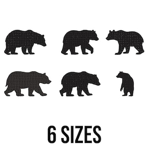 May include: Black bear silhouettes in various sizes are displayed against a white background. The image includes six different bear shapes, with the text "6 SIZES" in bold black letters at the bottom.