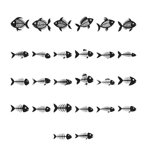 May include: A collection of black fish skeleton illustrations in various sizes and styles, arranged in rows on a white background. The designs range from simple outlines to more detailed representations of fish bones.