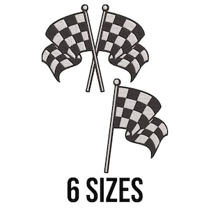 May include: Two black and white chequered racing flags crossed at the centre with a white pole. The text "6 SIZES" is below the flags.