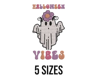 Halloween Vibes Stickdatei Niedliches Spooky Blumengeist Stickmuster, Gruseliges Jahr Stickmuster, Stickdatei für die Stickmaschine - 5 Größen