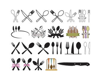 Set di posate, forchetta, coltello, cucchiaio, ricamo - Ricamo da cucina diviso - File di ricamo a macchina per utensili da cucina - 6 misure