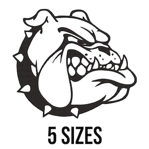 May include: Black and white illustration of a bulldog's head with a spiked collar. The bulldog is snarling, with its teeth bared. The text "5 SIZES" is displayed in bold, black font below the illustration.