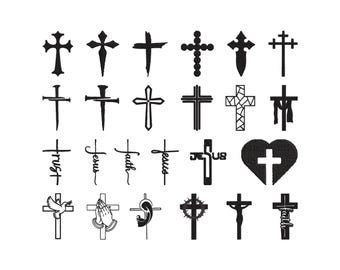 May include: A collection of black cross designs in various styles. Some crosses feature text like "Trust", "Jesus", and "Faith". Other designs include a dove, praying hands, and a heart-shaped cross.