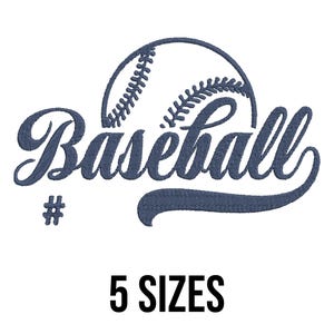 May include: A navy blue baseball design with the word "Baseball" in a script font, a baseball graphic, and the number symbol. The text "5 SIZES" is below the baseball graphic.