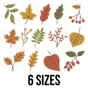 May include: An assortment of embroidered leaves and berries in various colors, including green, orange, and yellow, are displayed on a white background. The text "6 SIZES" is printed in black, indicating size options for the designs. The image showcases a fall or autumn theme.
