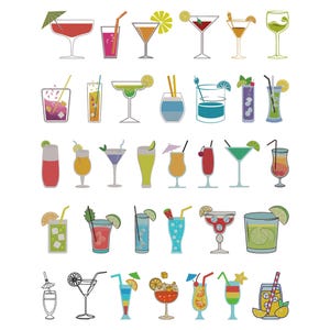 Cocktails Set Embroidery Design - Bundle Of Fruits Cocktails Embroidery Design - Beach Summer Machine Embroidery Design Files - 6 Sizes