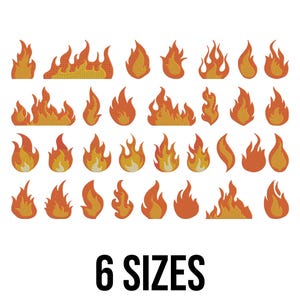 以下が含まれることがあります： オレンジと黄色で描かれた、さまざまな形とサイズの刺繍された炎のデザインのコレクション。画像の下部には、サイズオプションを示す「6 SIZES」というテキストが太字の黒いフォントで表示されています。