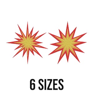 May include: Two embroidered starburst patches with red and yellow colors. The patches are on a white background. The text "6 SIZES" is below the patches in black, bold font.