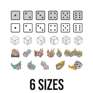 Könnte beinhalten: Eine Illustration von Würfeln in verschiedenen Stilen. Das Bild zeigt Würfel mit unterschiedlichen Punktzahlen, umrissene Würfel und Würfel mit Flammen und Rauch. Der Text "6 GRÖSSEN" befindet sich unten.