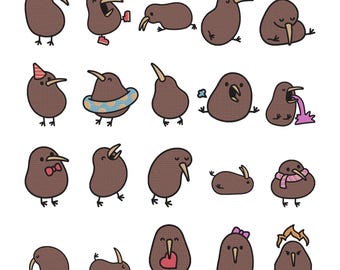 Conjunto de Bordados de Kiwi - Kiwi da Nova Zelândia com Diferentes Paixões - Arquivos de Bordado à Máquina - 8 Tamanhos