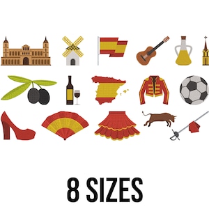 May include: A collection of embroidered icons representing Spanish culture, including a church, windmill, flag, guitar, olive oil, olives, wine, map, jacket, soccer ball, high heel, fan, skirt, bull, and sword. The text "8 SIZES" is at the bottom.