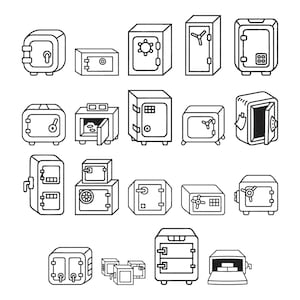 Puede incluir: Ilustraciones en blanco y negro de diferentes cajas fuertes. Los dibujos muestran cajas fuertes de diversas formas y tamaños, con detalles como diales, manijas y puertas. La imagen tiene un estilo limpio y minimalista.