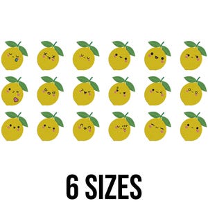 Pode incluir: Uma coleção de patches de limão amarelo com várias expressões faciais e folhas verdes. O texto "6 SIZES" é exibido em preto, em negrito, na parte inferior da imagem. Os limões estão dispostos em linhas e colunas sobre um fundo branco.