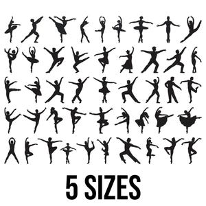 Puede incluir: Una colección de figuras silueta negras en varias poses de ballet. La imagen presenta múltiples bailarines en diferentes posiciones, con el texto "5 SIZES" en negrita, fuente negra en la parte inferior. Los bailarines están sobre un fondo blanco.