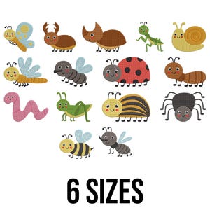 Puede incluir: Ilustraciones de insectos de estilo caricatura, incluyendo una mariposa, un escarabajo, un escarabajo rinoceronte, un saltamontes, un caracol, una libélula, una abeja, una mariquita, una hormiga, un gusano, un abejorro y una araña. El texto "6 SIZES" se muestra debajo.