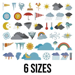 Puede incluir: Una colección de iconos coloridos con temática meteorológica, que incluyen un sol, nubes, lluvia, relámpagos y un arcoíris. Otros iconos incluyen un termómetro, viento y un tornado. El texto "6 SIZES" se muestra en la parte inferior.