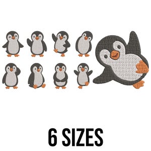 May include: Embroidered penguin designs in various poses, featuring black, white, and orange colours. The image includes multiple small penguins and one large penguin. The text "6 SIZES" is displayed at the bottom.
