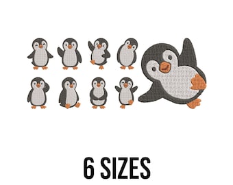 Design de bordado de pinguins - Design de bordado de pinguins sorridentes fofos - Conjunto de animais fofos de inverno - Arquivos de design de bordado à máquina - 6 tamanhos
