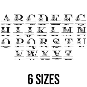 Puede incluir: Conjunto de alfabeto de monograma floral en blanco y negro. Cada letra está dividida con un diseño floral. El texto "6 TAMAÑOS" está debajo del alfabeto.