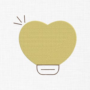 May include: A yellow heart-shaped light bulb with a brown outline. The light bulb has a small, flat base.