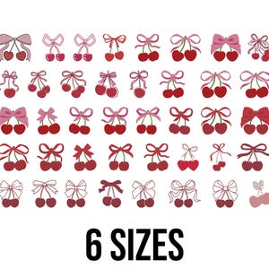 Puede incluir: Ilustración de varios diseños de cerezas con lazos en tonos rojos y rosas. La imagen presenta múltiples arreglos de cerezas, cada uno adornado con un lazo. El texto "6 SIZES" se muestra en la parte inferior, indicando opciones de tamaño.