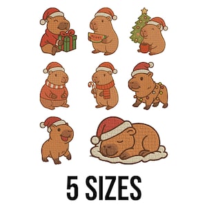 May include: A selection of cartoon capybaras in festive poses, each wearing a Santa hat. They are depicted with gifts, watermelon, a Christmas tree, and candy canes. The text "5 SIZES" is displayed at the bottom of the image.