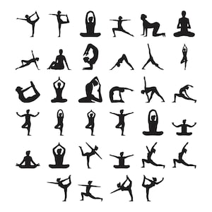 May include: A collection of black silhouette yoga poses on a white background. The poses include standing, seated, and inverted positions, showcasing various yoga asanas. The image is suitable for yoga studios, fitness centers, or wellness-related products.