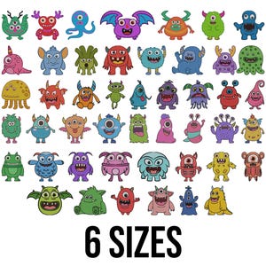 Może przedstawiać: Kolekcja kolorowych ilustracji potworów z kreskówek w różnych kształtach i rozmiarach. Potwory mają różne cechy, w tym rogi, anteny i wiele oczu. Tekst "6 SIZES" jest wyświetlany poniżej.