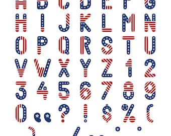 Design de bordado com fonte patriótica - Letras, números e algarismos do alfabeto com a bandeira americana - Arquivos de bordado à máquina - 8 tamanhos