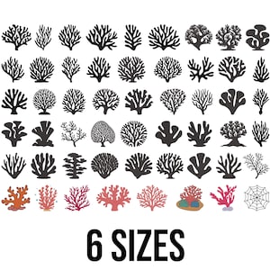 Peut inclure: Illustrations de coraux noirs et colorés, avec le texte "6 SIZES" en gras en bas. Les motifs de coraux varient en forme et en taille, certains étant de couleur rouge, rose et orange.