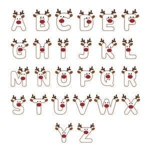 Puede incluir: Un conjunto completo de veintiséis letras del alfabeto de la A a la Z, cada una diseñada como un personaje de reno blanco con astas marrones y una nariz roja brillante. Las letras están delineadas en marrón oscuro y dispuestas en una cuadrícula.